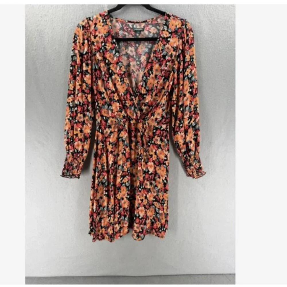 Wild Fable‎ Mini Faux Wrap Dress Womens M Orange Black Ditsy Print Whimsigoth